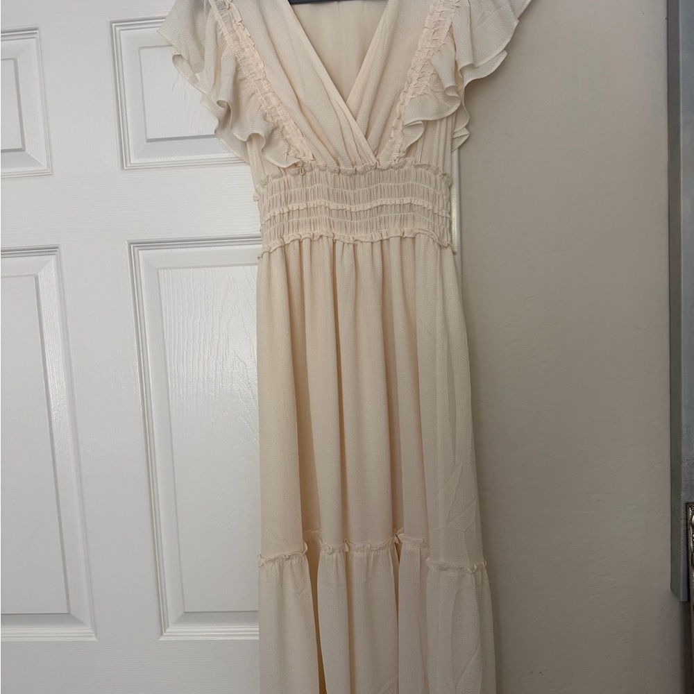 Max Studio Cream Ruffled V-Neck Maxi Dress with Smocked Waist